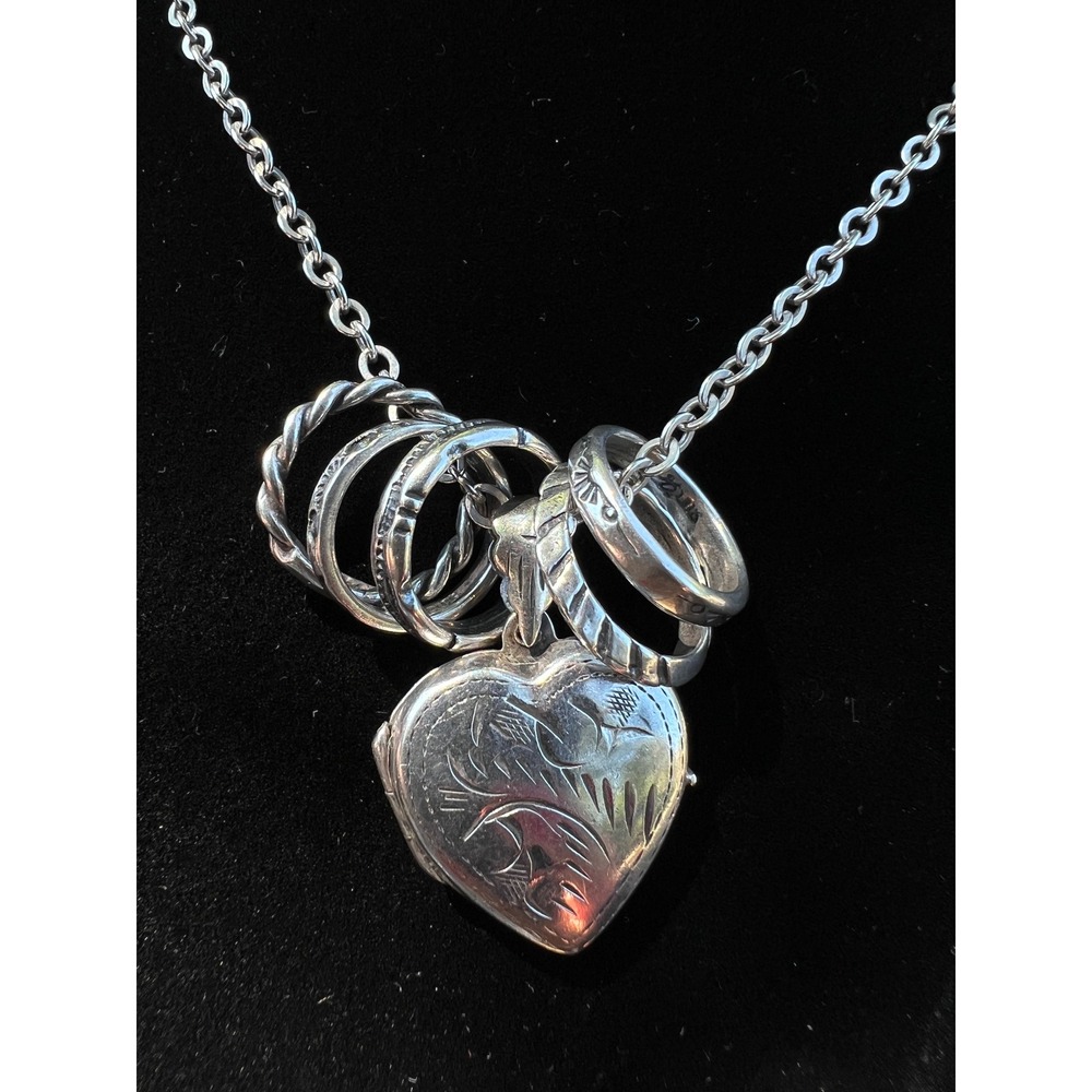 VTG 925 Sterling Silver Floral Etched Heart Locket Multi Ring Chain Necklace 24"